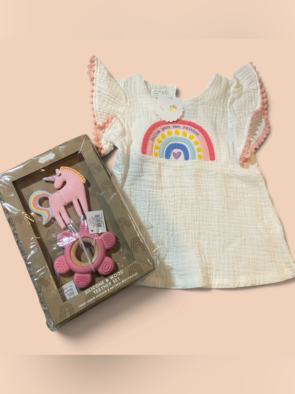 Mud Pie White Baby Tunic with Pink Trim & Rainbow Patch and Silicone Teether